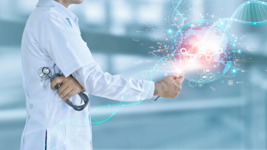 Doctor using tablet on medical interface icon. Digital healthcare and network connection on hologram of electronic medical record. Innovation. Medical healthcare research and development concept